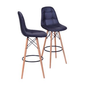 Kit 02 Banquetas 6602 Pu Acabamento Em Botone Preta Base Madeira