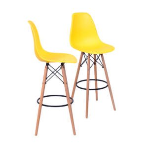 Kit 02 Banquetas 6602 Pp Amarela Base Madeira