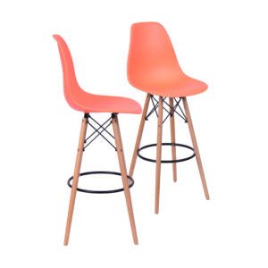 Kit 02 Banquetas 6602 Pp Laranja Base Madeira