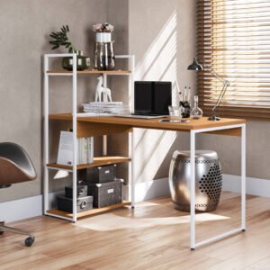 Mesa Com Estante 3 Prateleiras industrial 25mm Canela/Branco 1,36x0,6x0,74