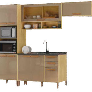 Cozinha Munique c/tampo Wood Madeirado/Reflecta Brilho 5 peças