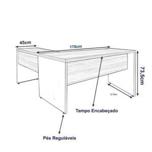 Mesa Escritório Em L Mesa 1,70M + Mesa Auxiliar 02 Gavetas Wordstar Nogal Málaga / Preto 40 MM