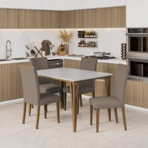 Conjunto de Mesa Dobue Safira com 4 Cadeiras Topazio - 136 cm - Imbuia, Branco e Off Bege