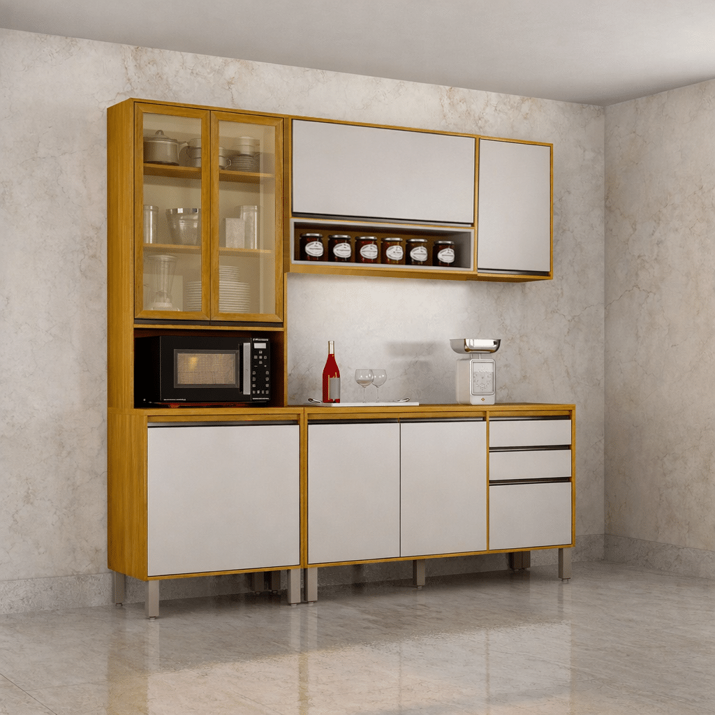 Cozinha Completa 3 Peças 7 Portas com cristaleira – Eduarda-Cinamomo/Off White – CHF Móveis